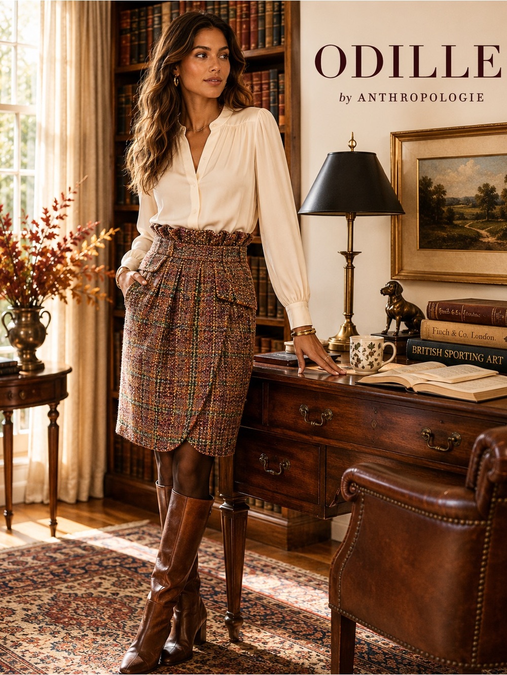 Anthropologie Odille Wicopy Tweed Plaid Paperbag Tulip Skirt Wool Blend Size 6